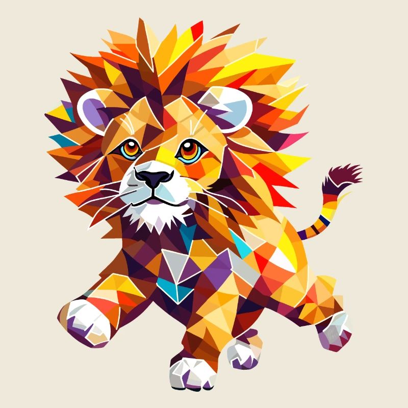 Lion géométrique en pleine explosion de couleurs