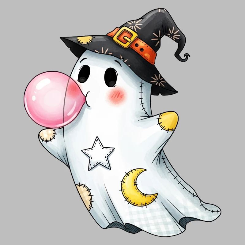 Patchwork cartoon ghost with bubble gum bubble