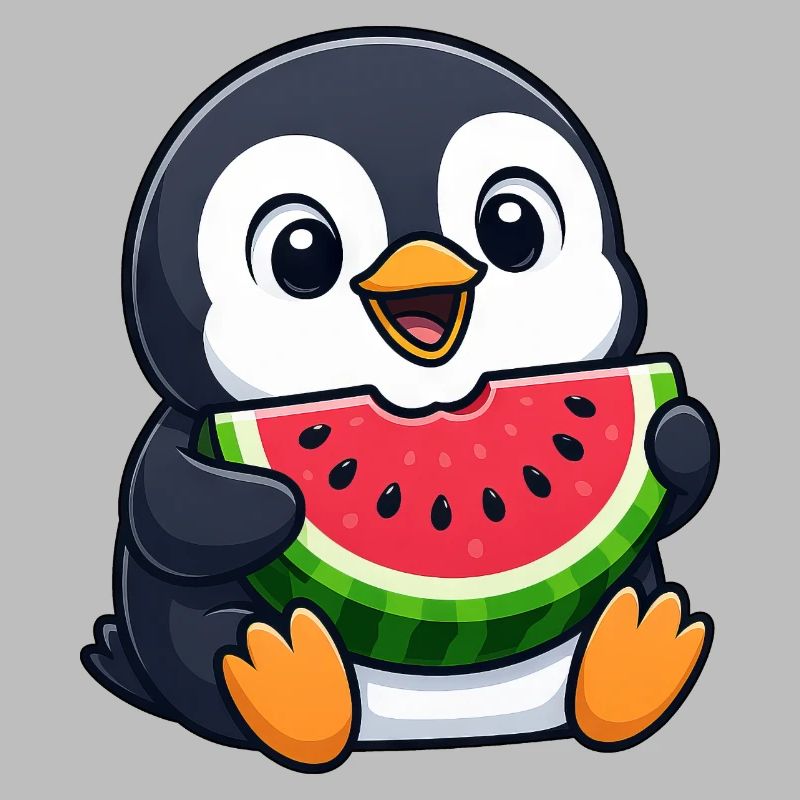 Funny Penguin with Melon Summer Fruit Cartoon