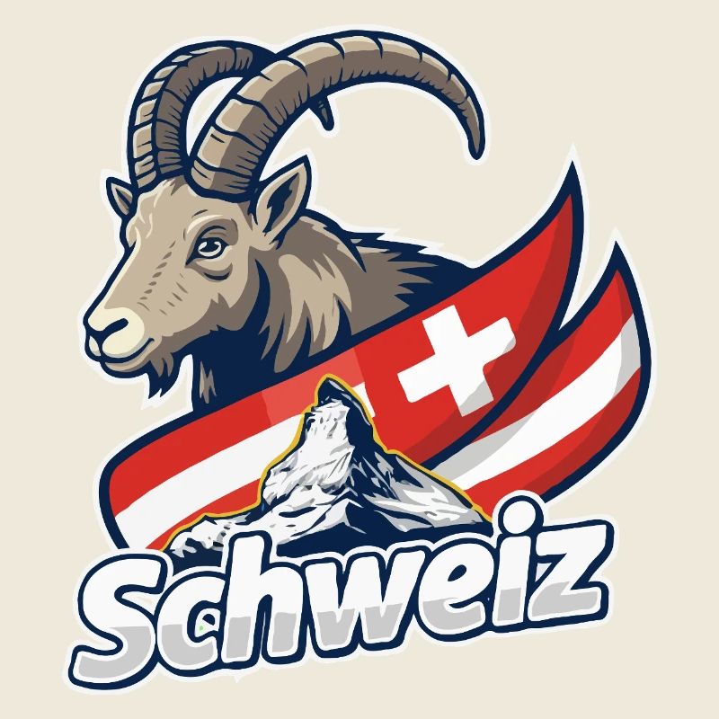 Alpensteinbock mit Schweizer Flagge