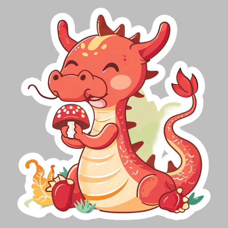 Petit dragon chinois mangeant un champignon
