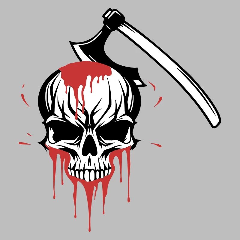 Bloody skull split by an axe