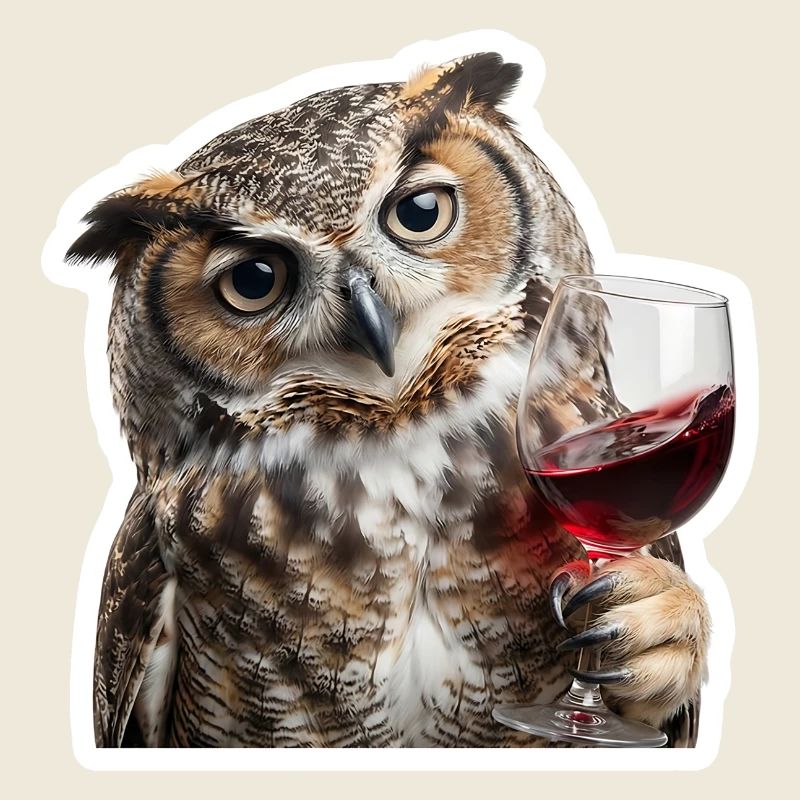 Weise Eule beim gemuetlichen Weinabend