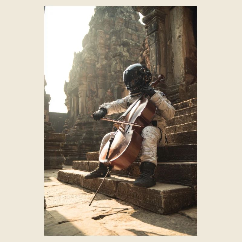 Astronaute jouant du violoncelle sur des marches antiques