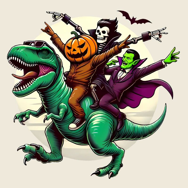 Spooky Trio Riding TRex Halloween Fun