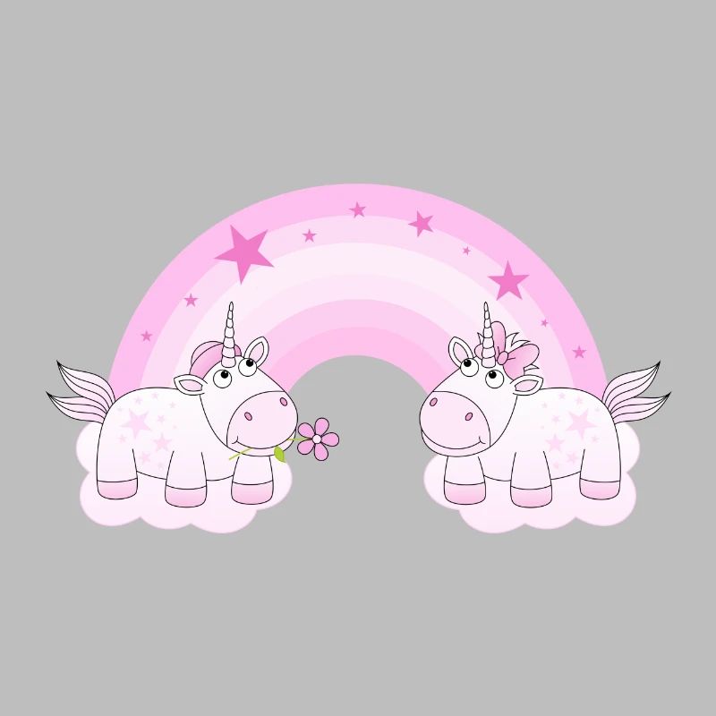 Two enamored unicorns on clouds at rainbow