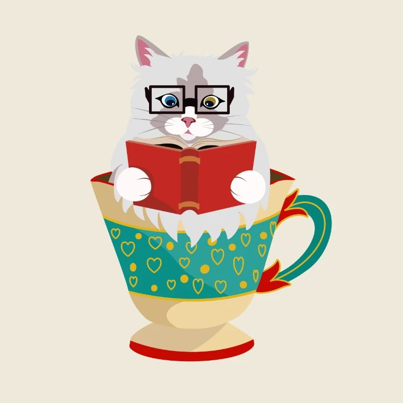 Niedliche Ragdoll-Katze, die ein Buch in einer Kaffeetasse liest