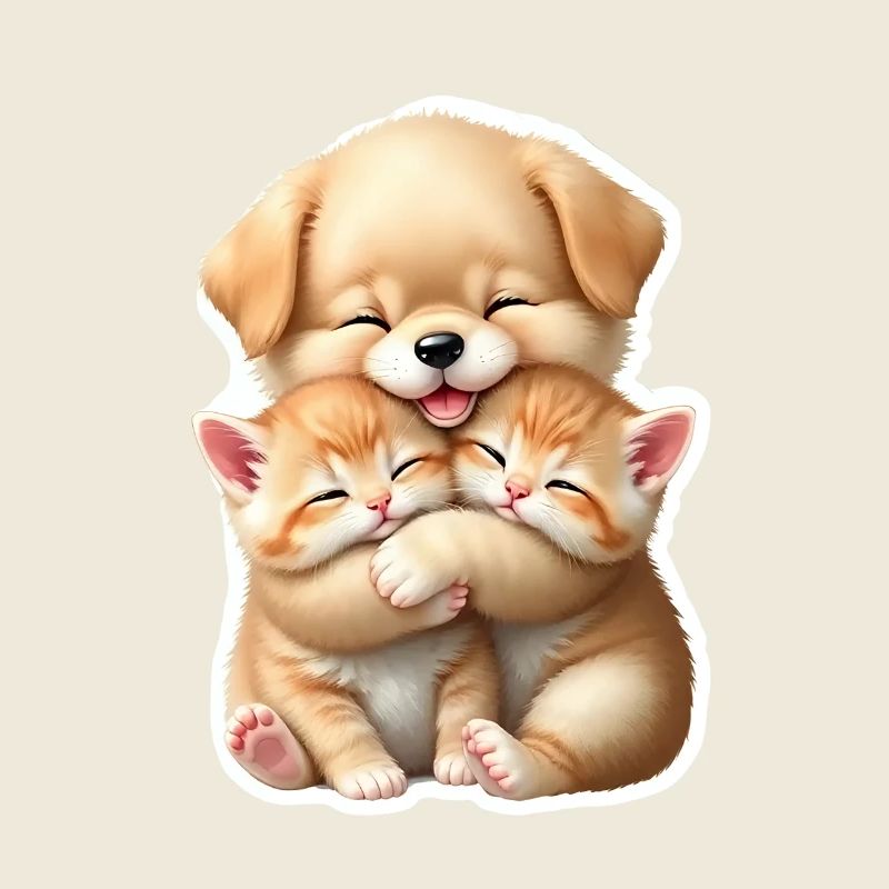 Petit chien serrant deux chatons dans ses bras