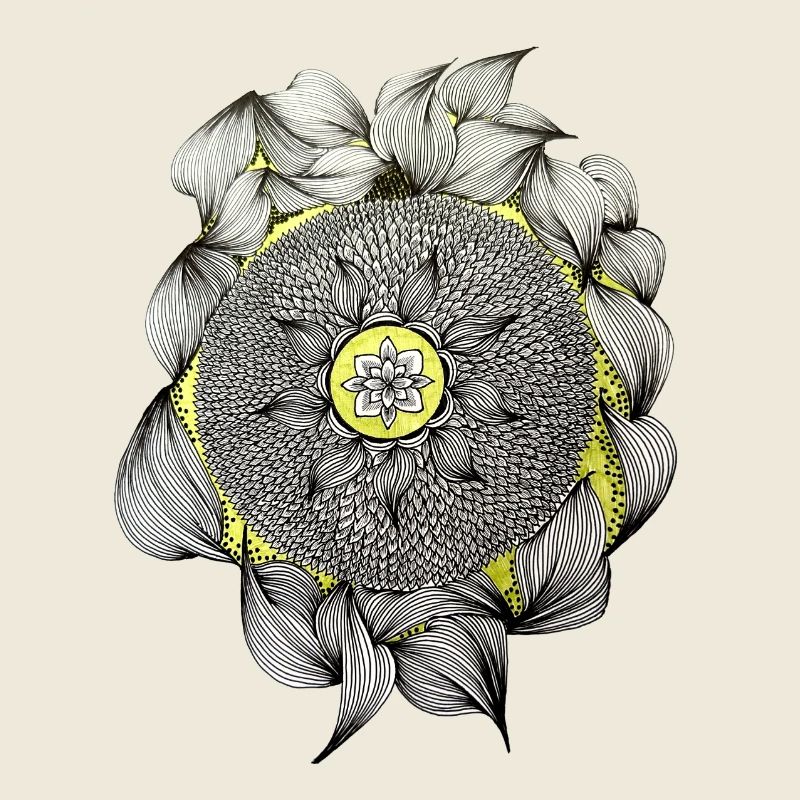 Fleur de mandala avec un accent jaune magique