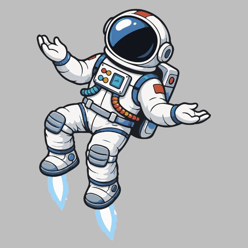 Schwebender Comic Astronaut mit Raketenantrieb