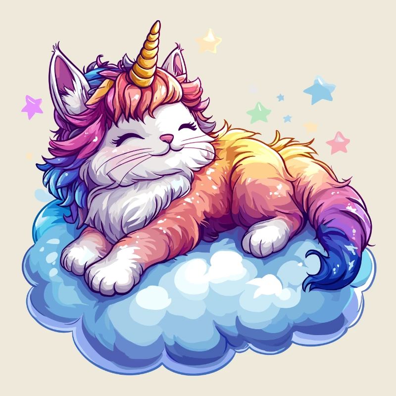 Eine Katze mit einem Einhornhorn auf einer Wolke