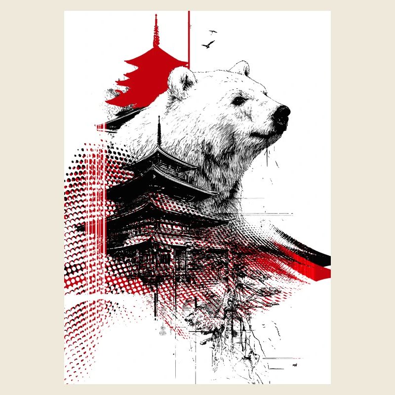 Ours et Pagodes en Gravure Rouge