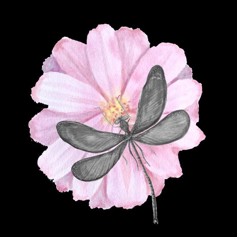 Libelle mit zarter rosa Blume