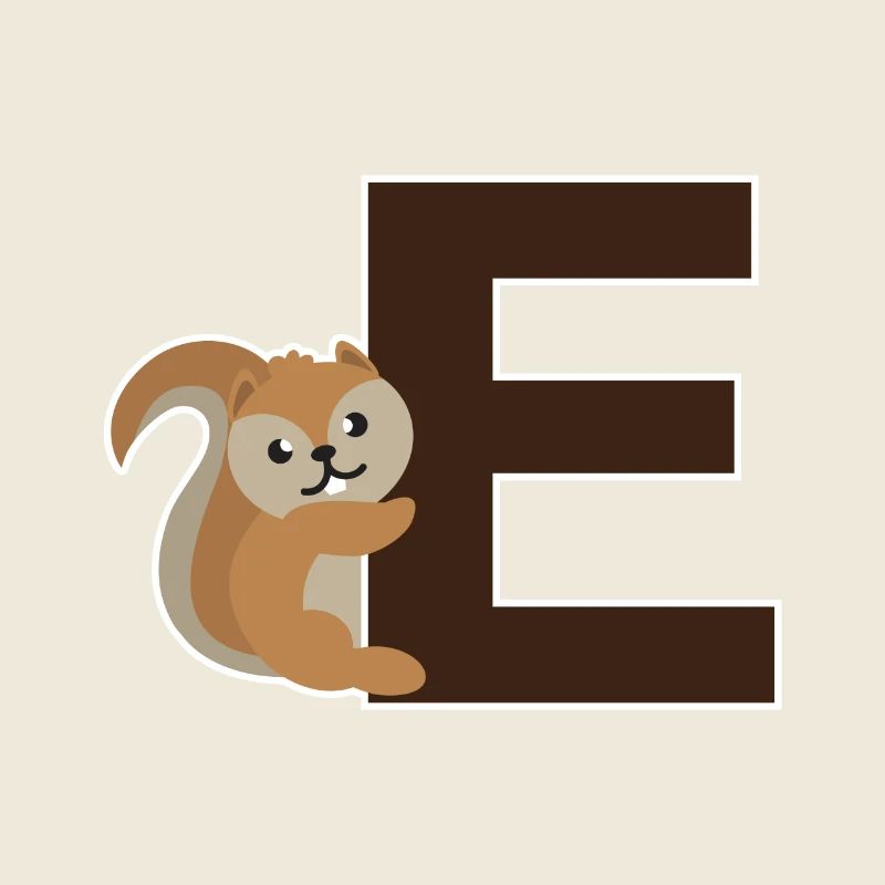 Un E comme l'écureuil qui pend sur le E