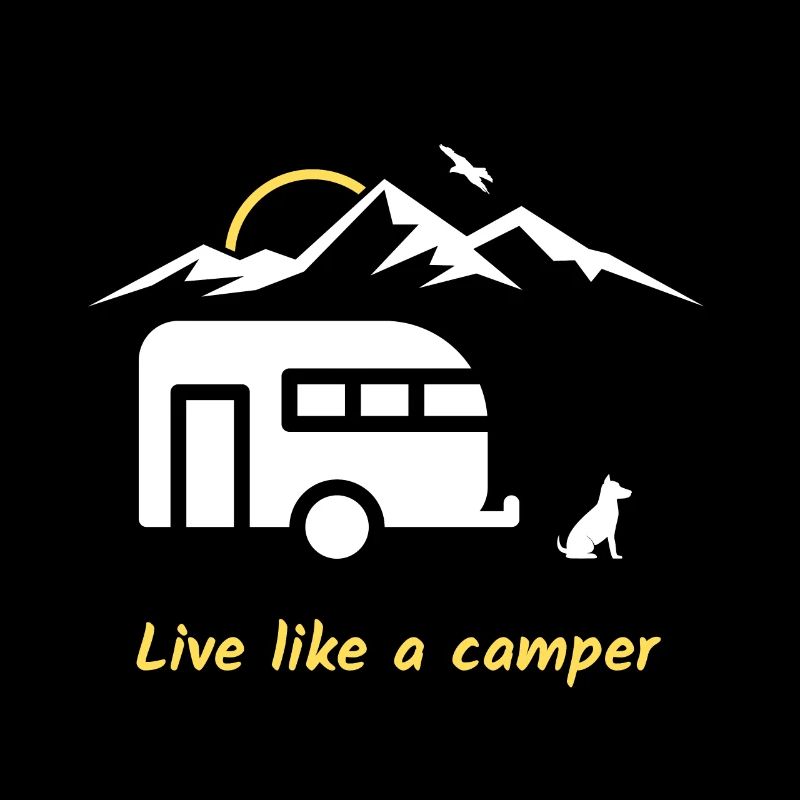 Live like a camper, Hund, Berge, Vogel, Wohnwagen