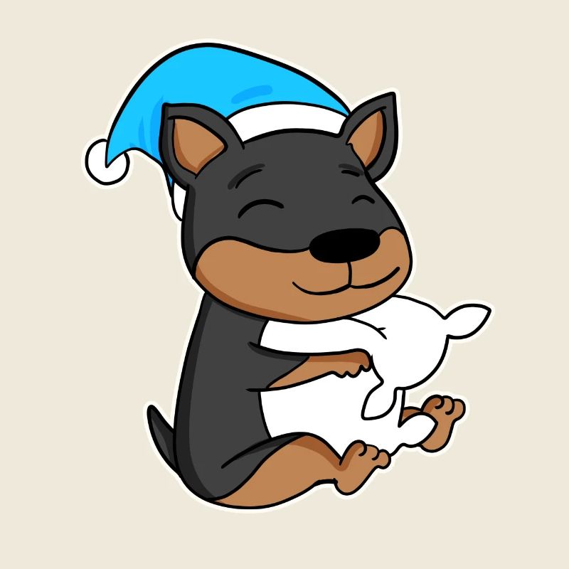 Dog Dwarf Pinscher with pillow and sleeping cap