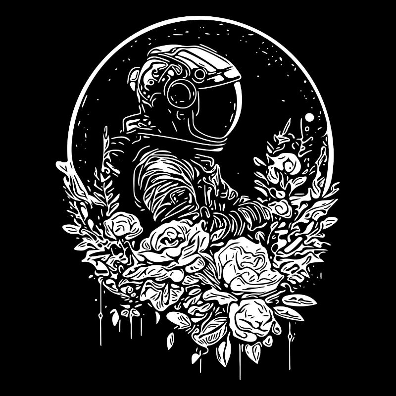 Astronaute dans un parterre de fleurs vintage au clair de lune