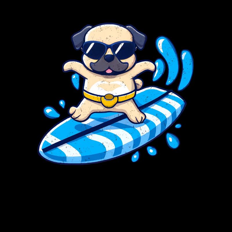 Süßer Mops-Hund auf einem Surfbrett im Kawaii-Stil