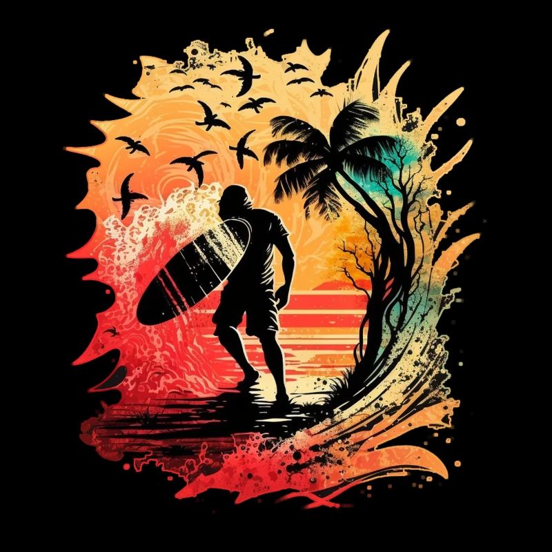 Cool surfer in sunrise under palm trees