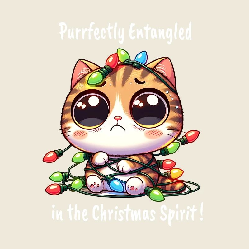 Christmas cat with tangled fairy lights