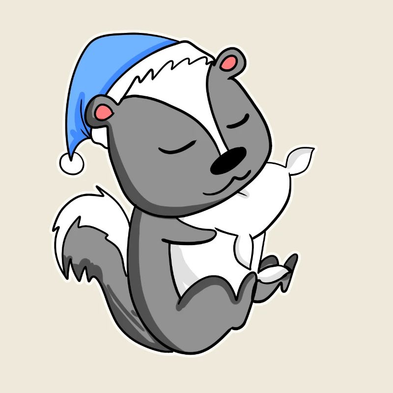 Skunk with pillow and sleepy cap