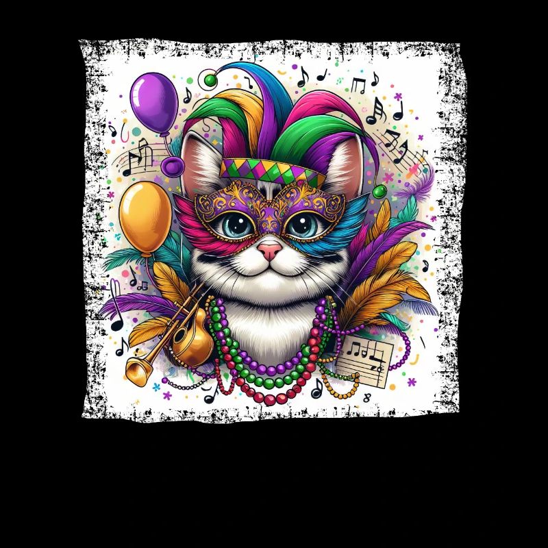 Chat mignon Mardi Gras multicolore ballons masque Grunge