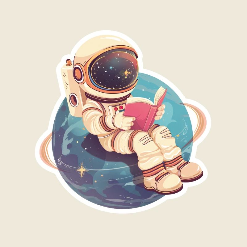 Süßer Astronaut liest ein Buch im Weltall