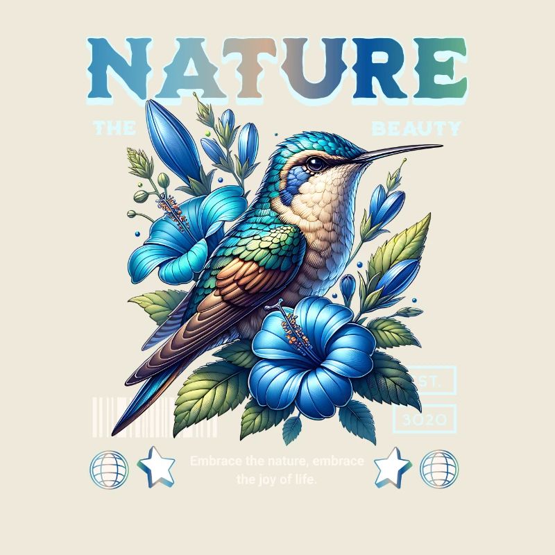 Blauer Kolibri mit Blüten Naturkunst