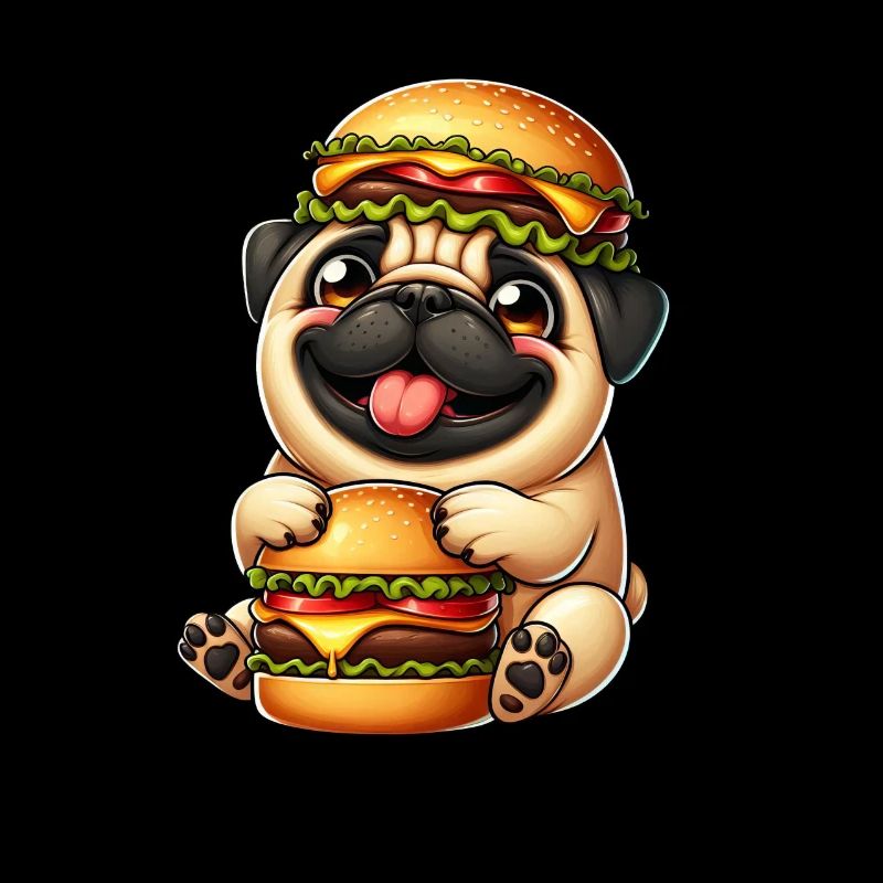Skurriler Mops mit Hut Cheeseburger Fast Food