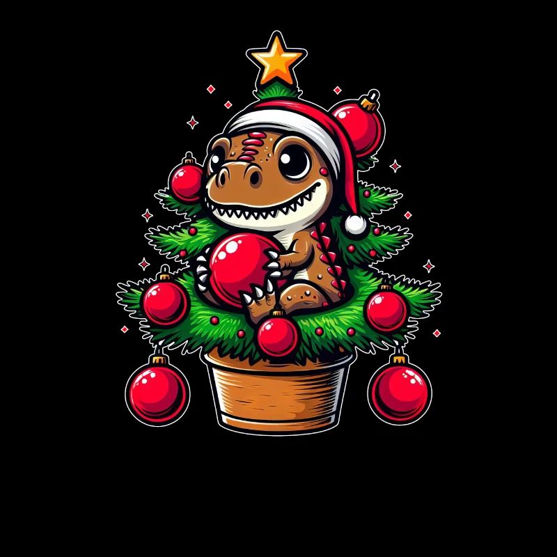 Cute T-Rex Dino Christmas Tree Comic Style