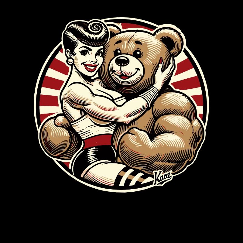 Dame de beauté rétro avec un ours en peluche fort