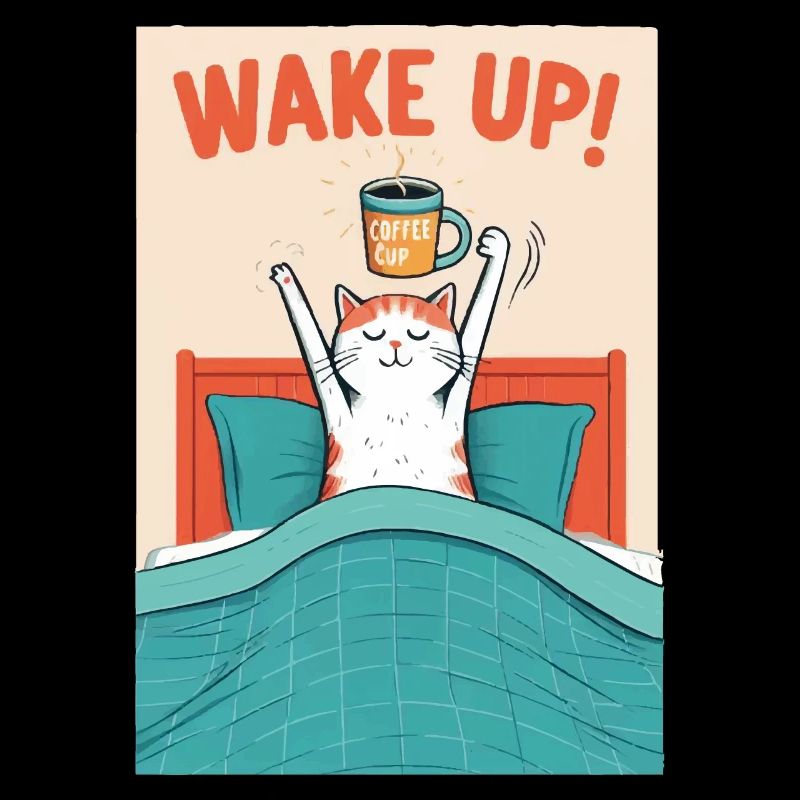 Réveil, café du matin, lit, réveil, chat