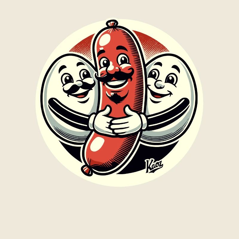 Bratwurst sausage hugged by two eggs