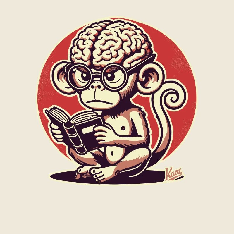Nerd-Affe mit großem Geirn liest ein Buch