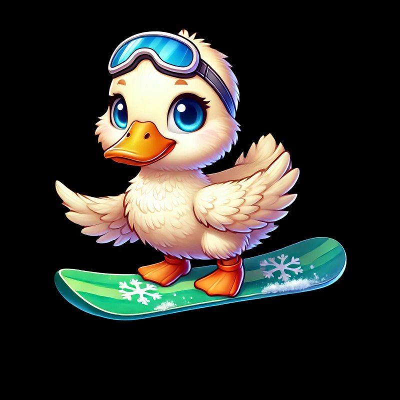 Mignon dessin animé canard surfeur snowboarder