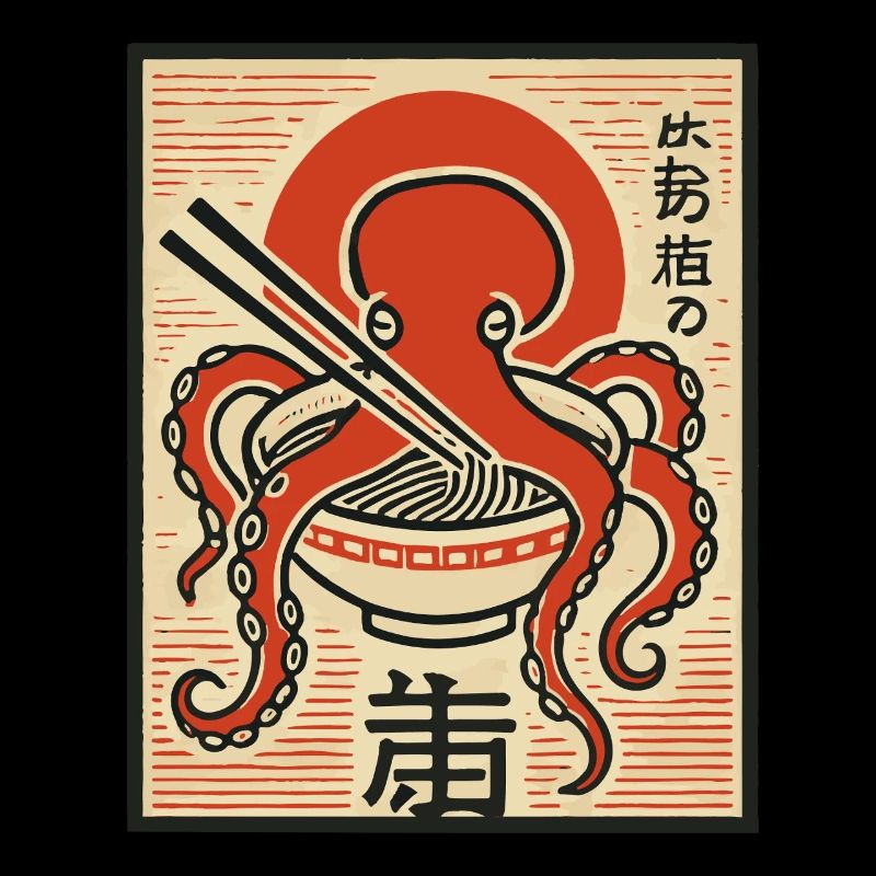 Octopus Retro Japon Style Ukiyo-E Nouilles Ramen