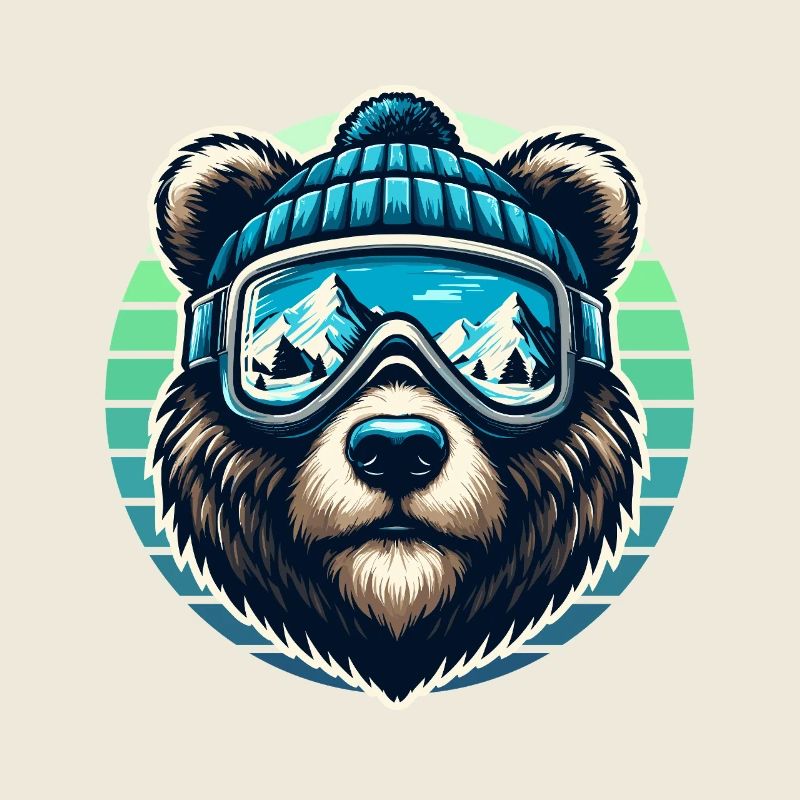 Funny bear with ski goggles and ski cap loves skiing
