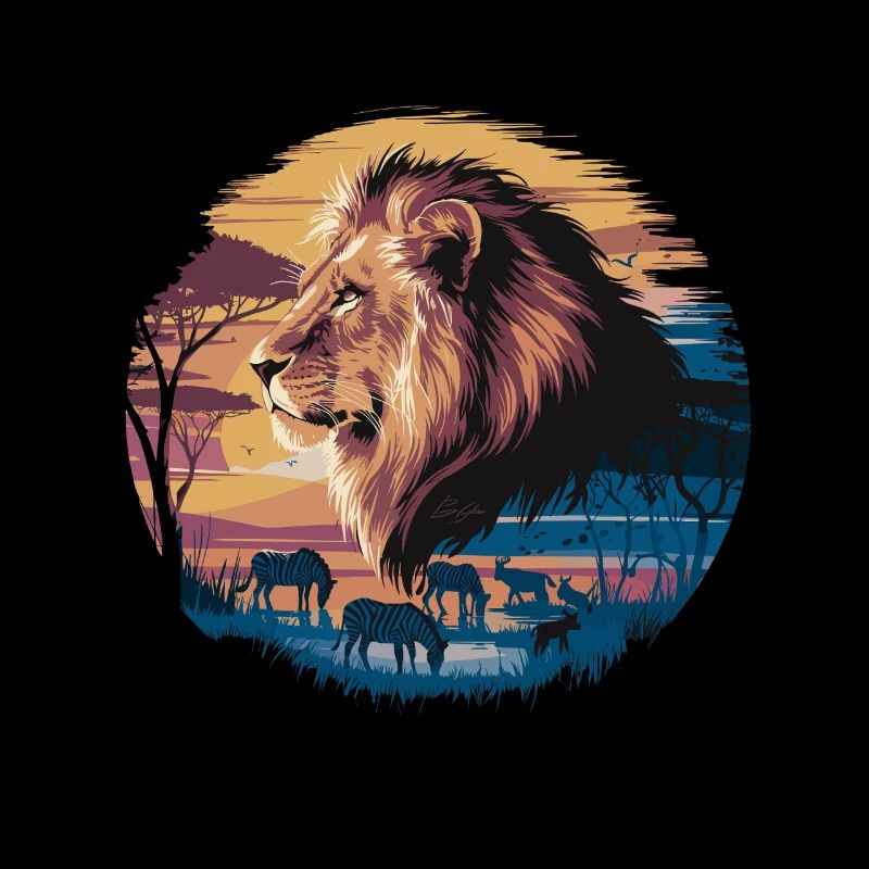 Lion dans le désert avec des zèbres et des antilopes à