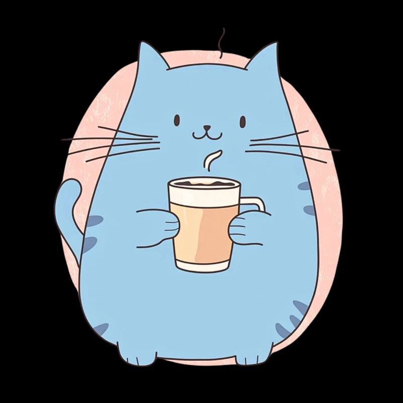 Blue Round Kawaii Cat with Coffee Mug