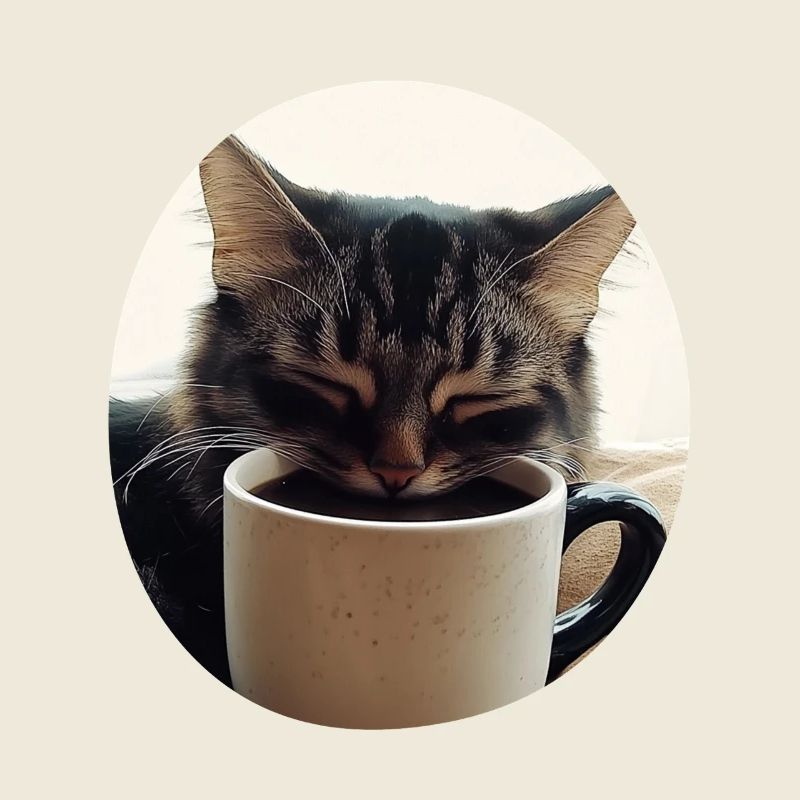 Schlafende Katze mit Kaffeetasse