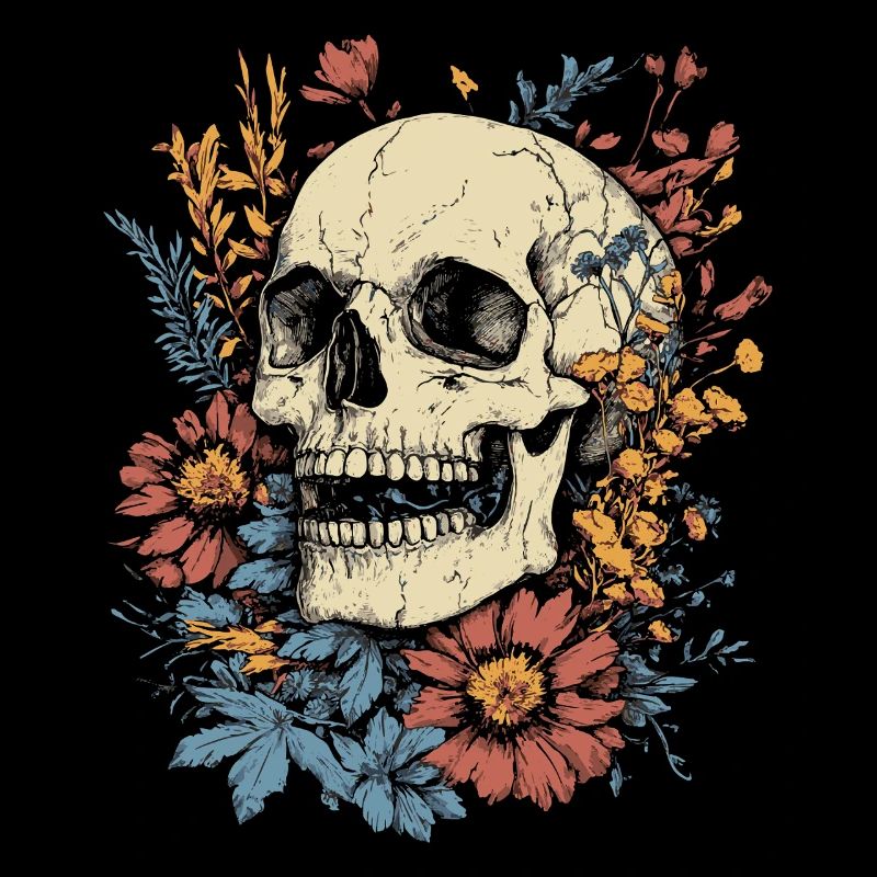 Crâne vintage avec des fleurs sauvages