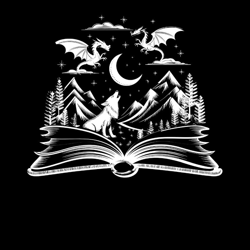 Fantasy world of dragons and wolves at night with