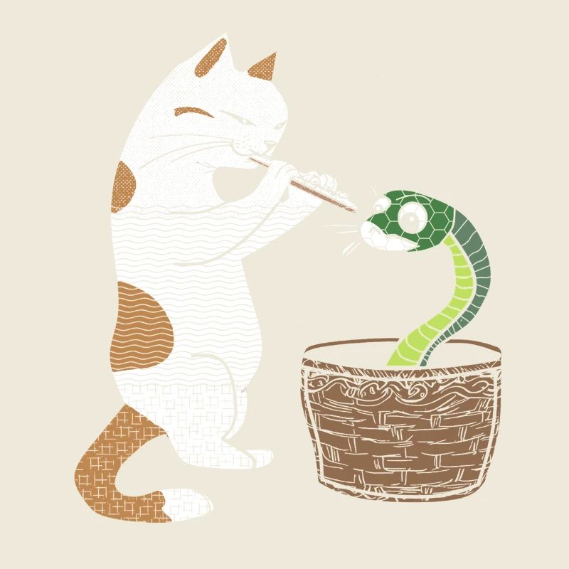 Cat plays flute and hynotizes snake