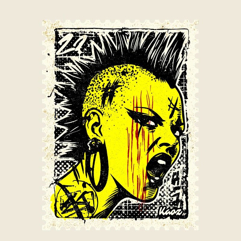 Wild punk woman with mohawk and anger on postage stamp