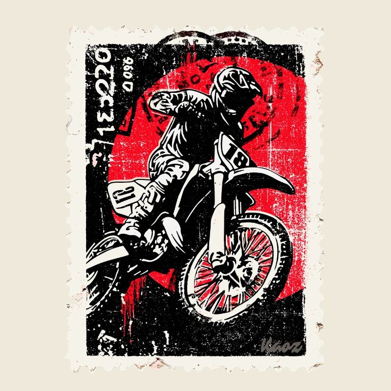 Pilote de motocross devant un timbre-poste soleil rouge