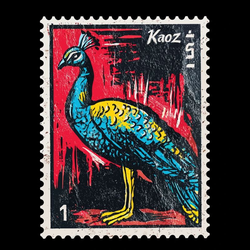 Paon sur timbre – élégant et coloré