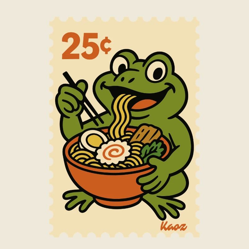 Happy frog with ramen on postage stamp