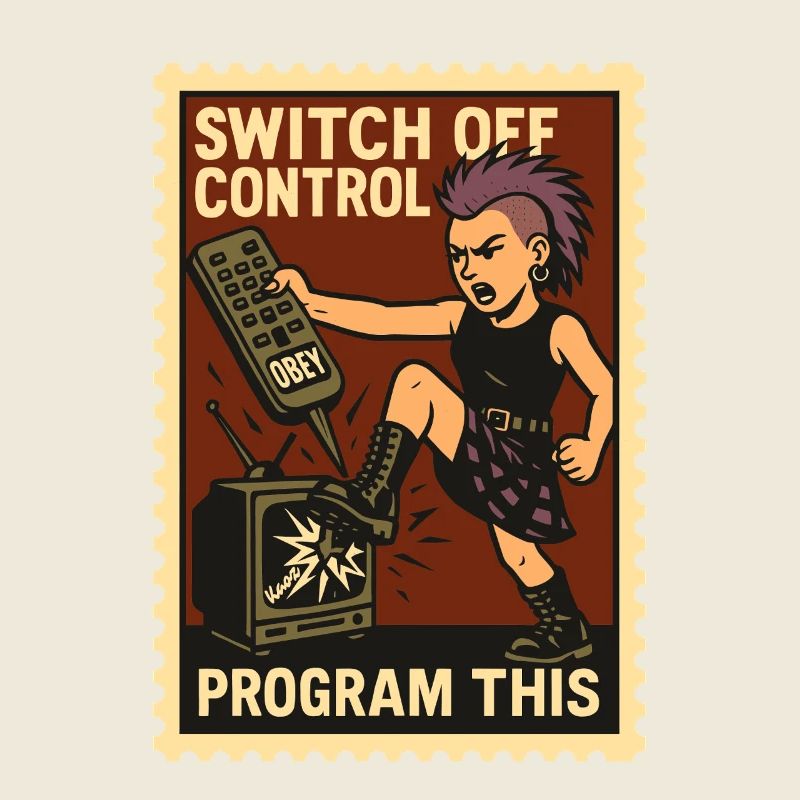 Punk kicks TV with remote control in hand