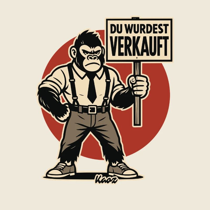 Angry gorilla with sign "You have been sold"