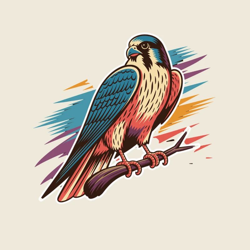 Colorful Falcon on Branch with Colorful Background